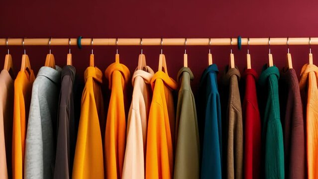 hanging in rows of brightly colored clothes sewn for the fall or winter season, Generative AI	