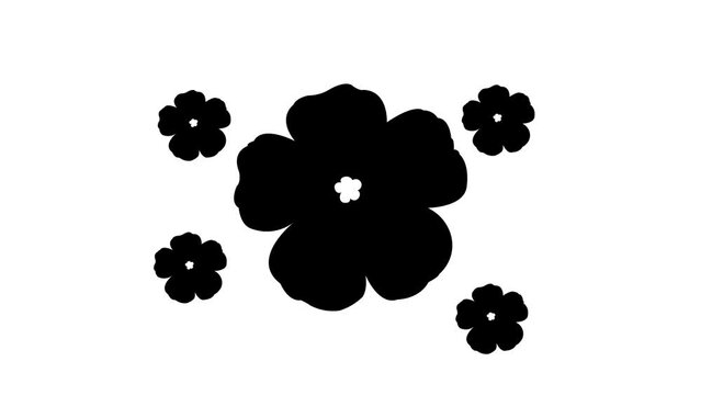 Zoom in and out animation the geranium symbol. Large black symbol in the center and four small symbols around. Seamless looped 4k animation on white background