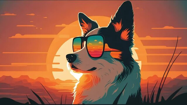 dog wearing sunglasses vintage 60s sunset vector illustration gradient flat color, the image was created with the help of artificial intelligence.