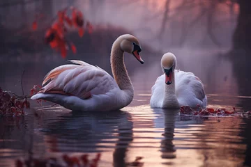 Selbstklebende Fototapeten Two swans gracefully glide across the lake as the sun sets © JackDong