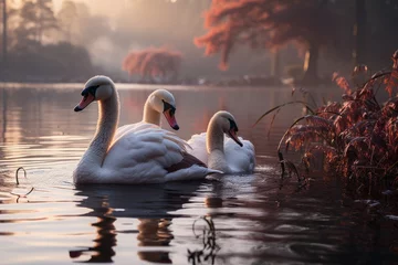 Fotobehang Three swans gracefully glide through the lake at sunset © JackDong