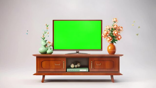 TV retro antique television green screen with table decorations and flowers; is perfect for background projects; 4k virtual video animation.