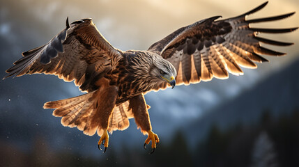 Obraz premium Dynamic action shot of hawk hunting fish during the break of dawn in the alps mountains сreated with Generative Ai