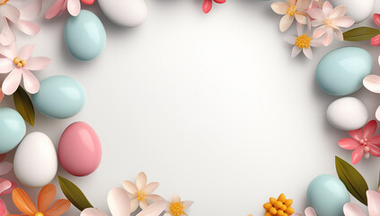 Naklejka na ściany i meble Easter composition of eggs and flowers. Place for text. Pastel colors and light back