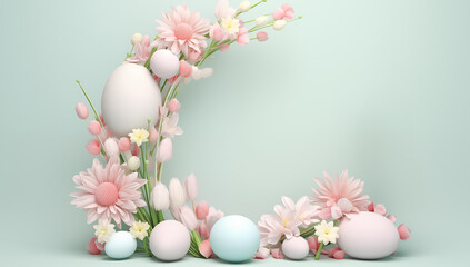 Obraz na płótnie Canvas Easter composition of eggs and flowers. Place for text. Pastel colors and light back