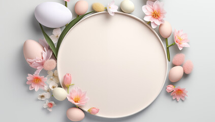 Easter composition of eggs and flowers. Place for text. Pastel colors and light back