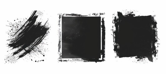 Grunge backgrounds set. Brush black paint ink stroke over square frame. illustration