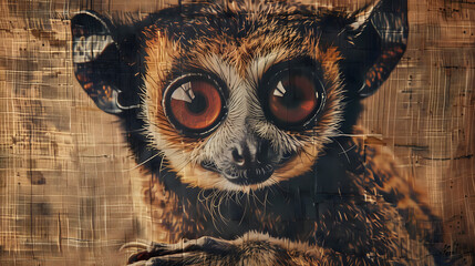 A captivating close-up portrait of a primate with strikingly large, soulful eyes, set against a textured, vintage-style background - obrazy, fototapety, plakaty