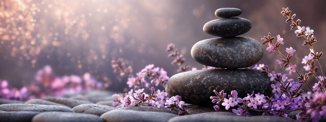 Obraz na płótnie Canvas Serene zen stones with blooming flowers