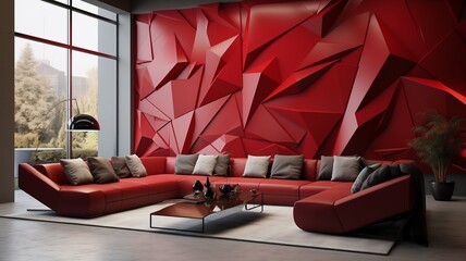 A modern 3D wall design in the living room with ruby-colored geometric patterns, adding depth and visual interest to the space while creating a bold focal point.