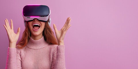 Very excited young caucasian woman using VR glasses, touching something invisible on flat purple background - Powered by Adobe
