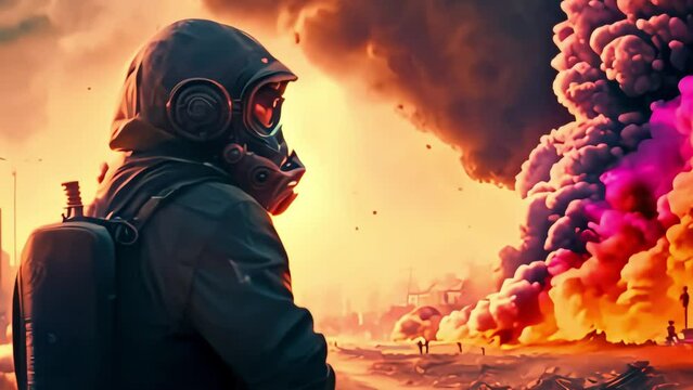 a man in a gas mask standing against a backdrop of toxic fumes and smoke. post-apocalyptic world. Generative AI