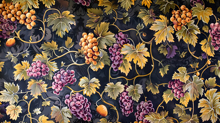 This image features a detailed and ornate grapevine pattern with various grapes and leaves on a dark background, giving a luxurious and vintage feel
