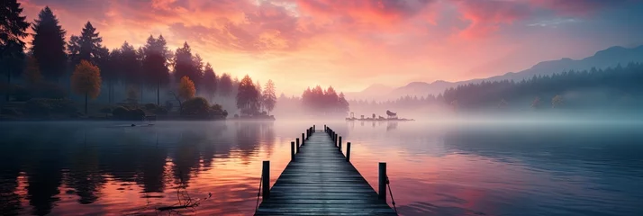 Poster A straight flat simplistic rectangular lake dock, beautiful sunrise, foggy, calm water. Lake with a colourful sky. Nature relax wallpaper, Generative AI © Анатолий Савицкий