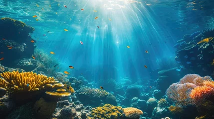  An underwater coral reef scene, diverse marine life, vivid colors, showcasing the beauty and diversity of ocean life. Underwater photography, coral reef ecosystem, diverse marine life,. Resplendent. © Summit Art Creations