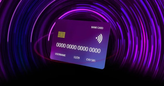 Animation of credit card over colourful circles on black background