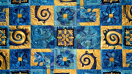 Vibrant and artistic display of blue and golden ceramic tiles featuring symmetrical and spiral patterns