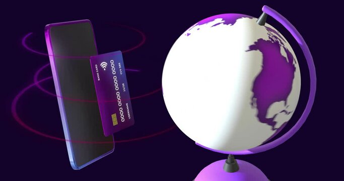 Animation of credit card with smartphone and globe on black background