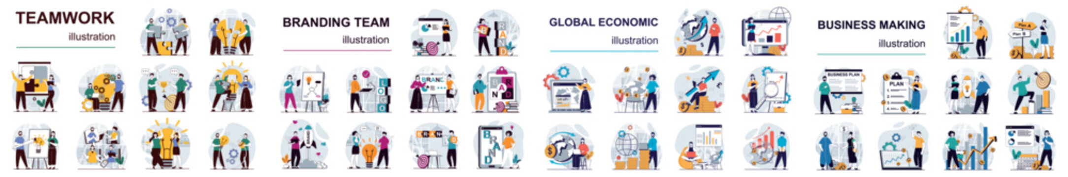 Mega set flat design concept teamwork, branding, economic, business making with people character situations. Bundle of different scenes. Collection vector illustrations.