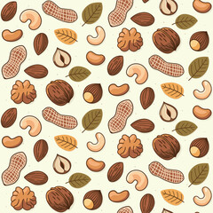 Walnut, haselnut and leaves seamless pattern design