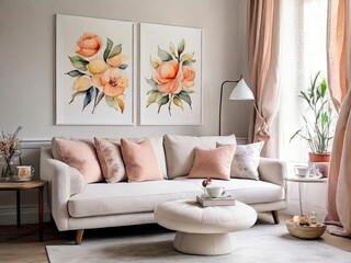 living room on wall watercolor flower and natural floral poster frame with comfortable sofa and pillow in front of tea table with white background