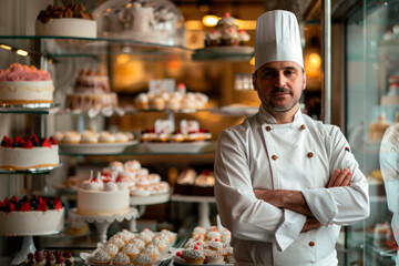 Cook in a pastry shop among cakes and pastries