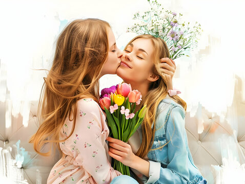 Happy mothers day background daughter congratulates mother and gives flowers