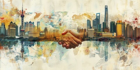 Hands exchanging goods with global landmarks in the background, depicting international trade.