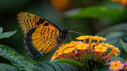 a close up of a butterfly on a flower with other flowers in the back ground and a blurry background.