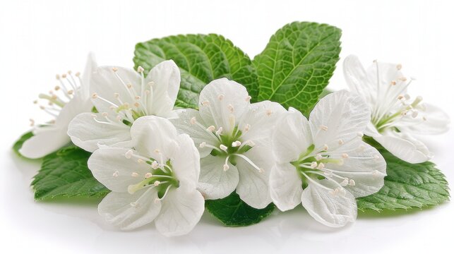 a bunch of white flowers and green leaves on a white background with space for a text or a name on the top of the picture.