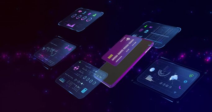 Animation of data processing with credit card and smartphone over light spots on black background