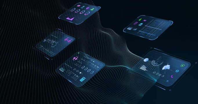 Animation of financial data processing over shapes on black background