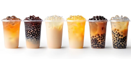 Colorful selection of milky fruit flavored bubble tea arranged in a line on white background