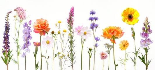 Collection of flowers white daisy and multicolored gerbera isolated on white background. Hello spring. Beautiful plant, garden concept. Nature. Easter. Love. Flat lay, top view