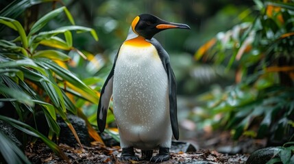 a close up of a penguin on the ground surrounded by plants and rocks with a blurry background of leaves.