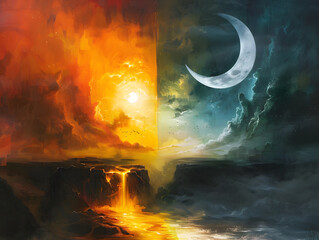 A surreal dreamscape where the sun and moon converge