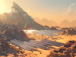 Abwaschbare Fototapete A sun-drenched desert landscape with solar farms © Bendix