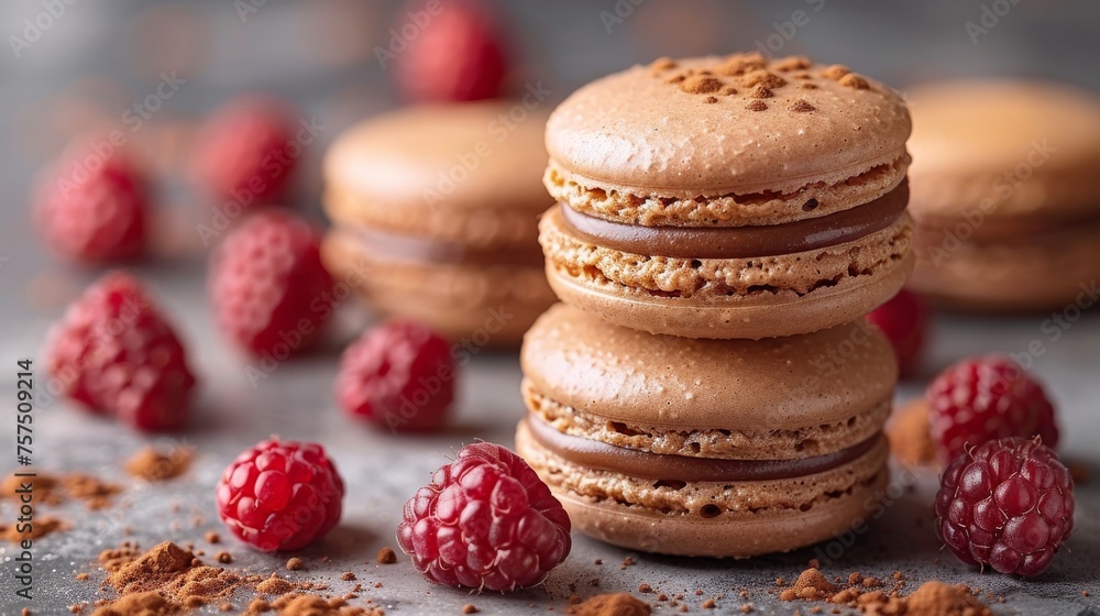 Poster a stack of chocolate macaroons with raspberries on the side of the macaroni and cheese.