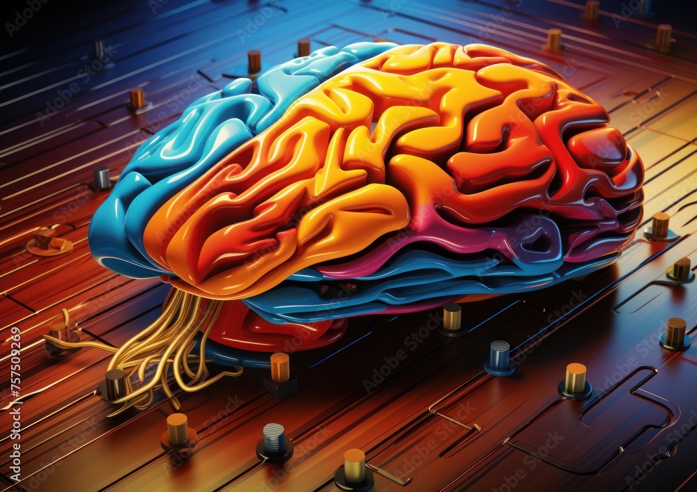 Poster close-up of a computer circuit board with a vibrant brain illustration