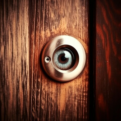 Striking detail on wooden door where peephole is creatively replaced by realistic image of  human eye, giving impression of being watched. Eye, centered and sharply in focus against textured wood, 