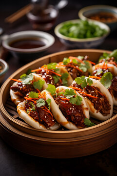 Petite pork steamed buns in bamboo steamer filled with chinese barbecue pork and vegetables. Festive party appetizer. Vertical, side view.