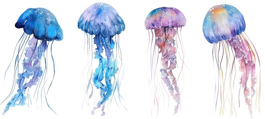 Set Jellyfish Isolated White Background
