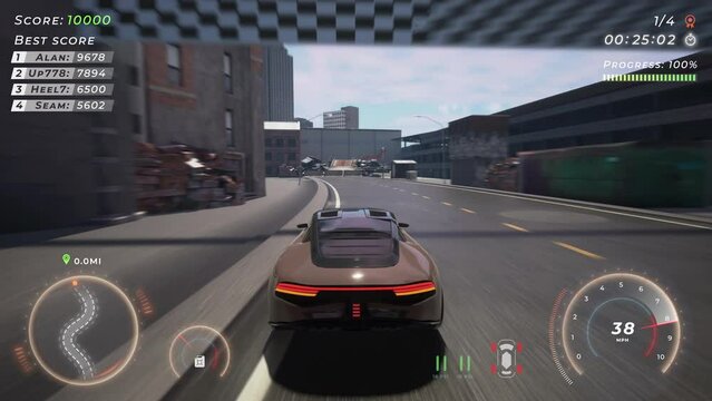 Controlling the fast sports car in the gaming challenge. Overtaking the opponent cars in the virtual sport racing gaming simulator. Winning the gaming mission with a quick sports car. Replay.