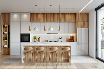 Spacious Kitchen With Center Island and Bar Stools
