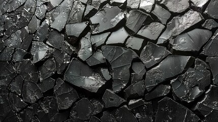 a close up of a black and white photo of a cracked glass surface with drops of water on the surface.