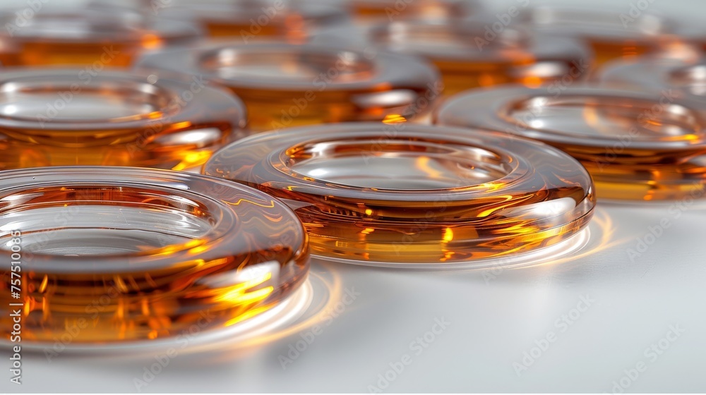 Poster a close up of a group of glass jars with lids on a white surface with a reflection of light on the t
