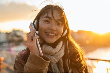 Stunning high resolution photo of a multiracial girl, impressed and excited, talking on the phone on the waterfront of a southern city at sunset. - obrazy, fototapety, plakaty