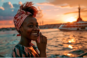 Stunning high resolution photo of a multiracial girl, impressed and excited, talking on the phone on the waterfront of a southern city at sunset. - obrazy, fototapety, plakaty