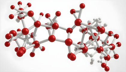 An intricate molecular structure of lysergic acid diethylamide (LSD) depicted in vibrant red and white hues against a crisp white background, showcasing its chemical complexity.