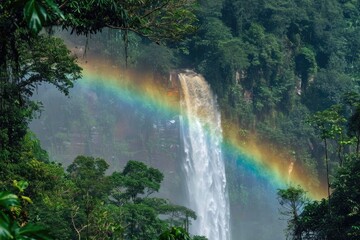 Vibrant Rainbow Arching Over A Waterfall